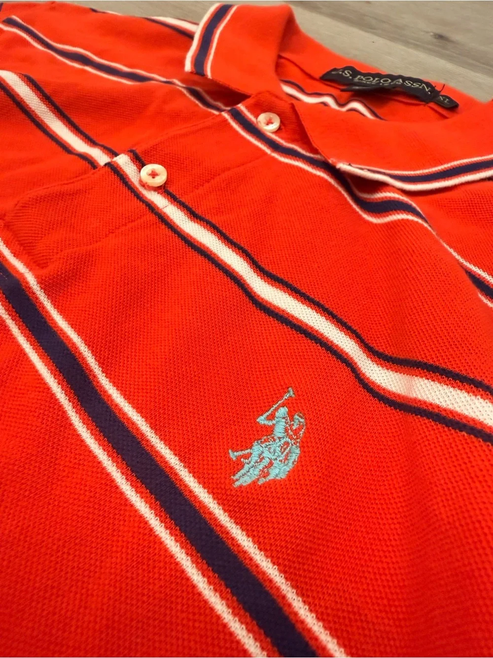 U.S. Polo Assn. Red Striped Polo with Navy & White Accents